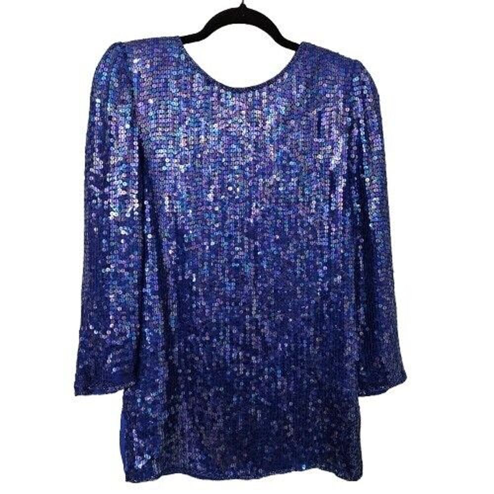 Vintage Harrison Morgan Sequin Top Womens 100% Silk Blue Festive Dressy Holiday